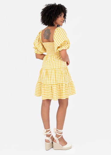 Lovedrobe Yellow Gingham Milkmaid Puff Sleeve Mini Dress