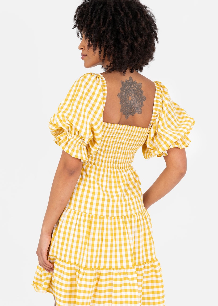 Lovedrobe Yellow Gingham Milkmaid Puff Sleeve Mini Dress
