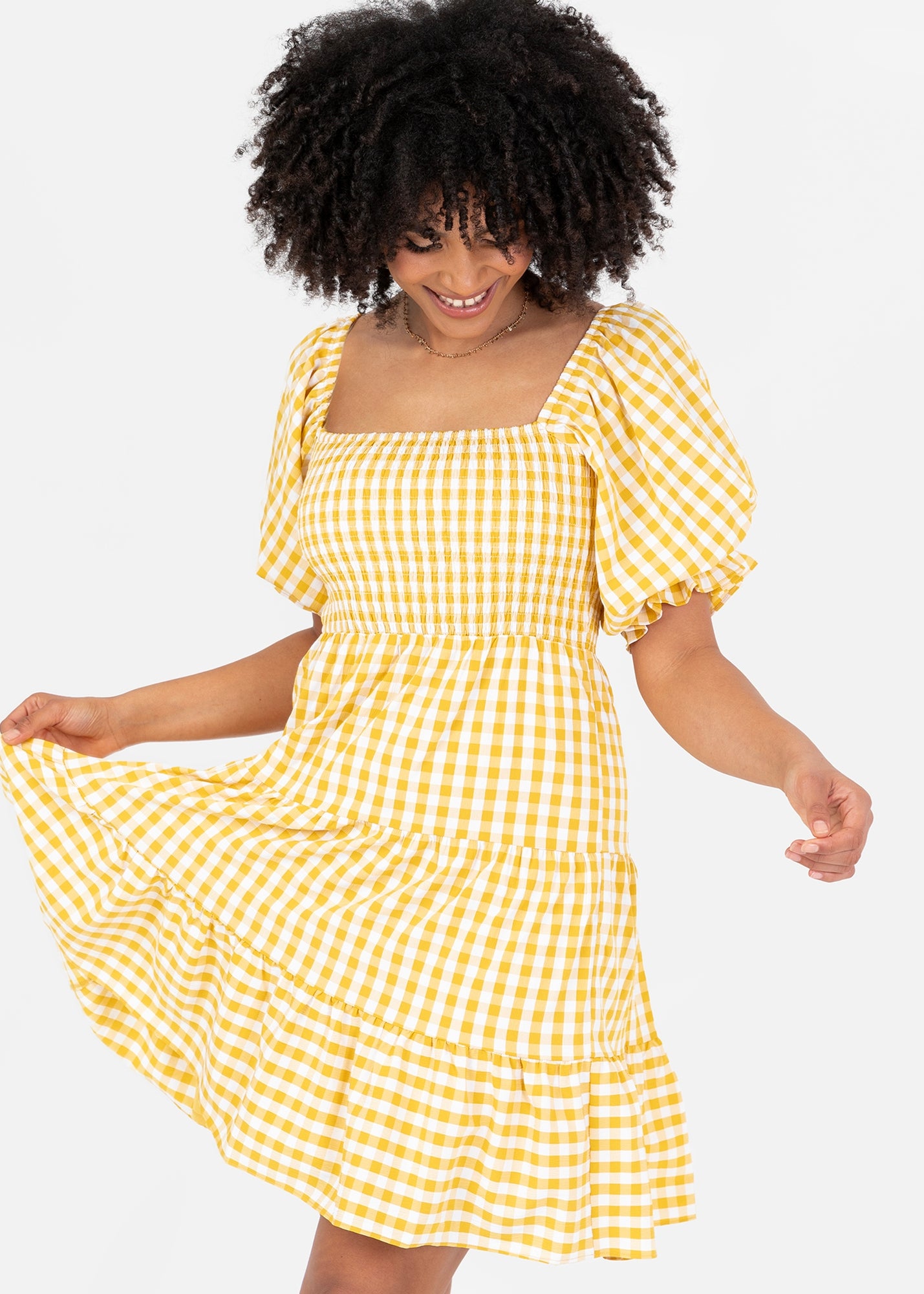 Lovedrobe Yellow Gingham Milkmaid Puff Sleeve Mini Dress - Matalan