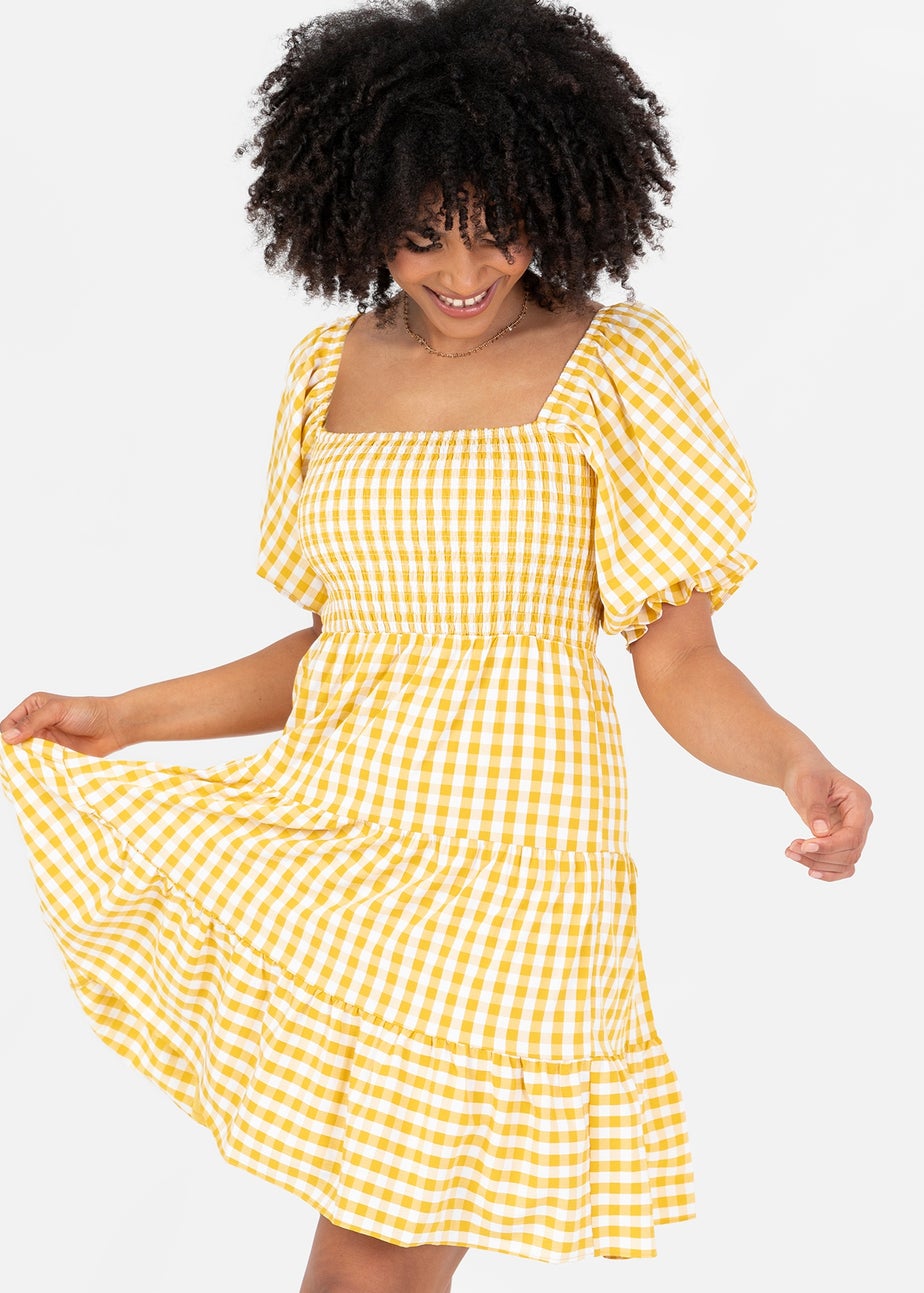 Lovedrobe Yellow Gingham Milkmaid Puff Sleeve Mini Dress