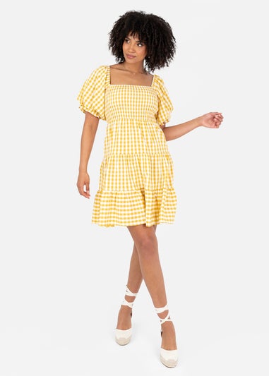 Lovedrobe Yellow Gingham Milkmaid Puff Sleeve Mini Dress