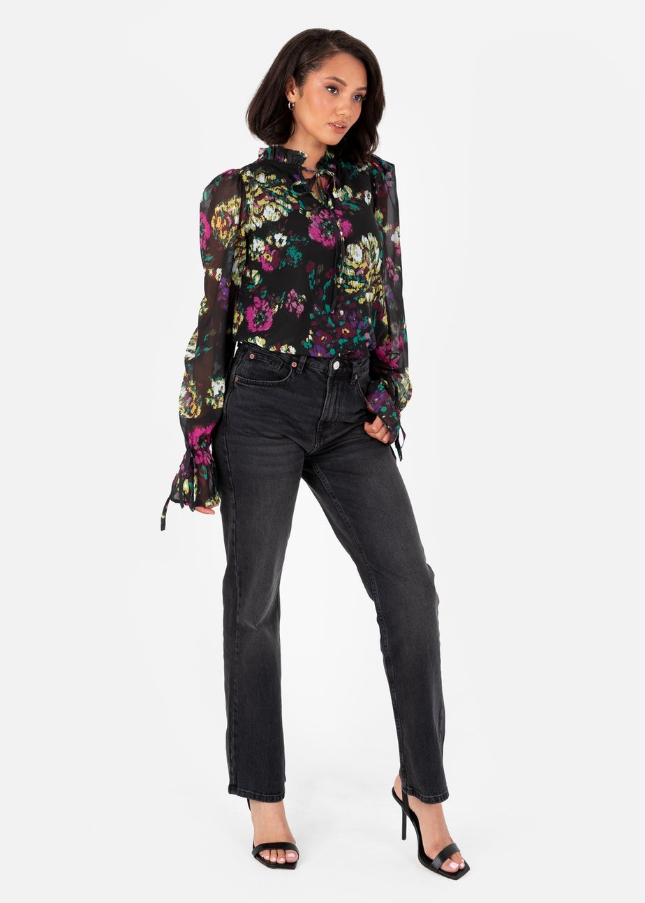 Lovedrobe Black Floral Tie-Neck Long Sleeve Blouse