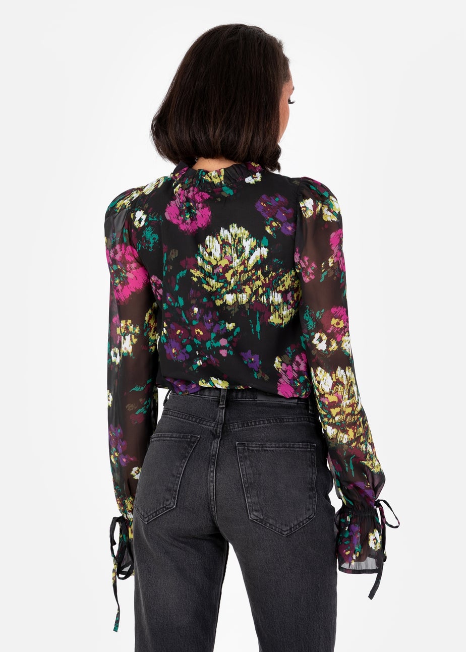 Lovedrobe Black Floral Tie-Neck Long Sleeve Blouse