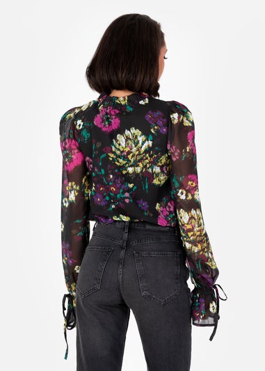 Lovedrobe Black Floral Tie-Neck Long Sleeve Blouse