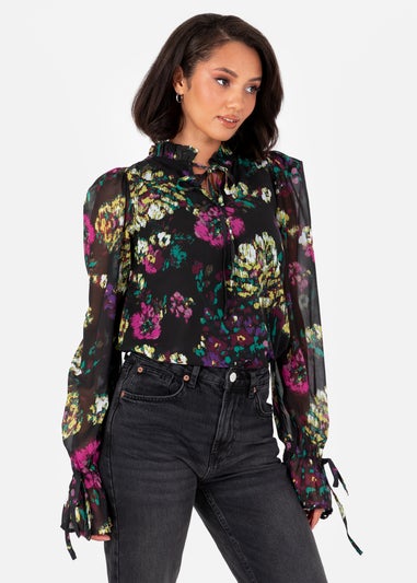 Lovedrobe Black Floral Tie-Neck Long Sleeve Blouse