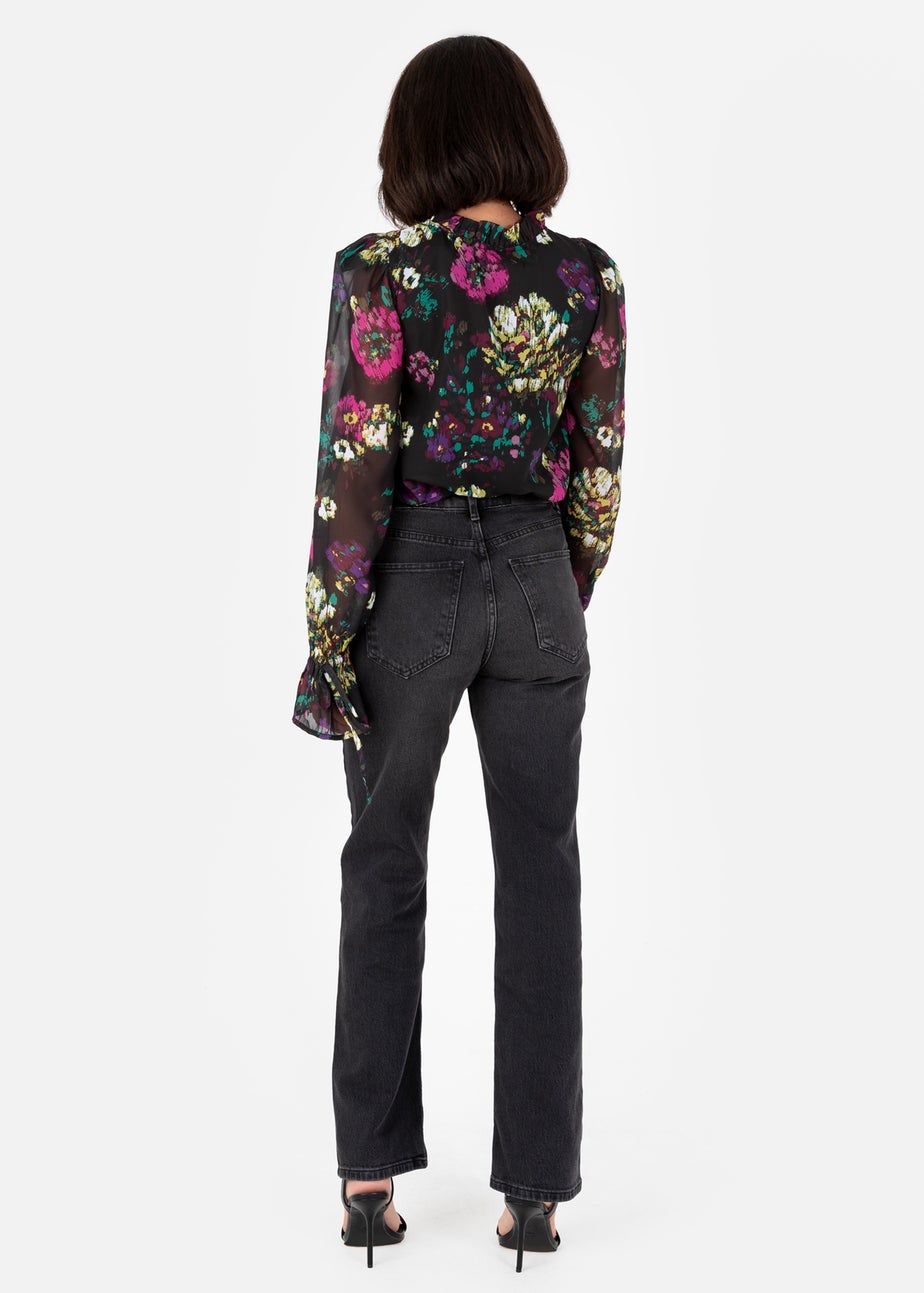 Lovedrobe Black Floral Tie-Neck Long Sleeve Blouse