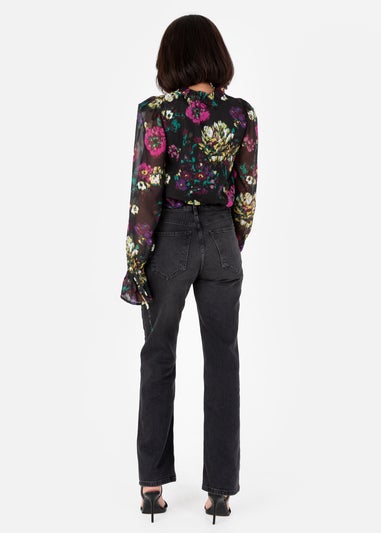 Lovedrobe Black Floral Tie-Neck Long Sleeve Blouse