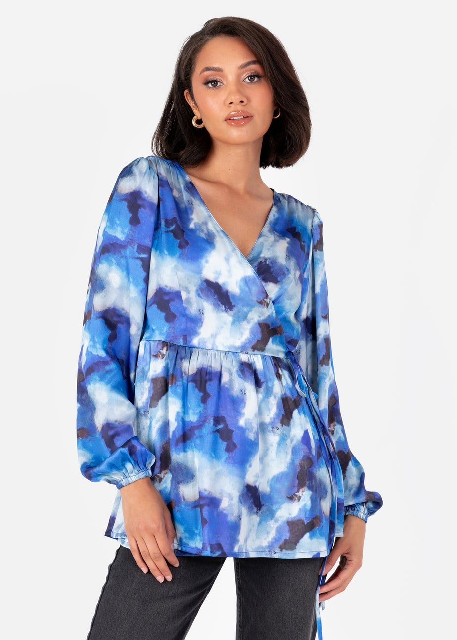 Lovedrobe Blue Satin Long Sleeve Wrap Top