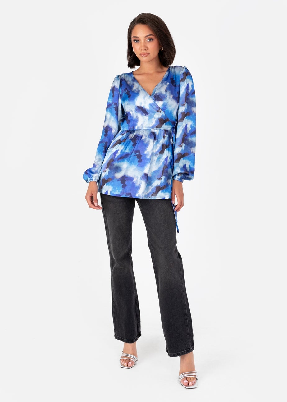 Lovedrobe Blue Satin Long Sleeve Wrap Top