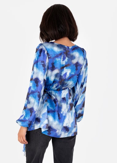 Lovedrobe Blue Satin Long Sleeve Wrap Top