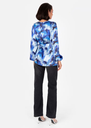 Lovedrobe Blue Satin Long Sleeve Wrap Top