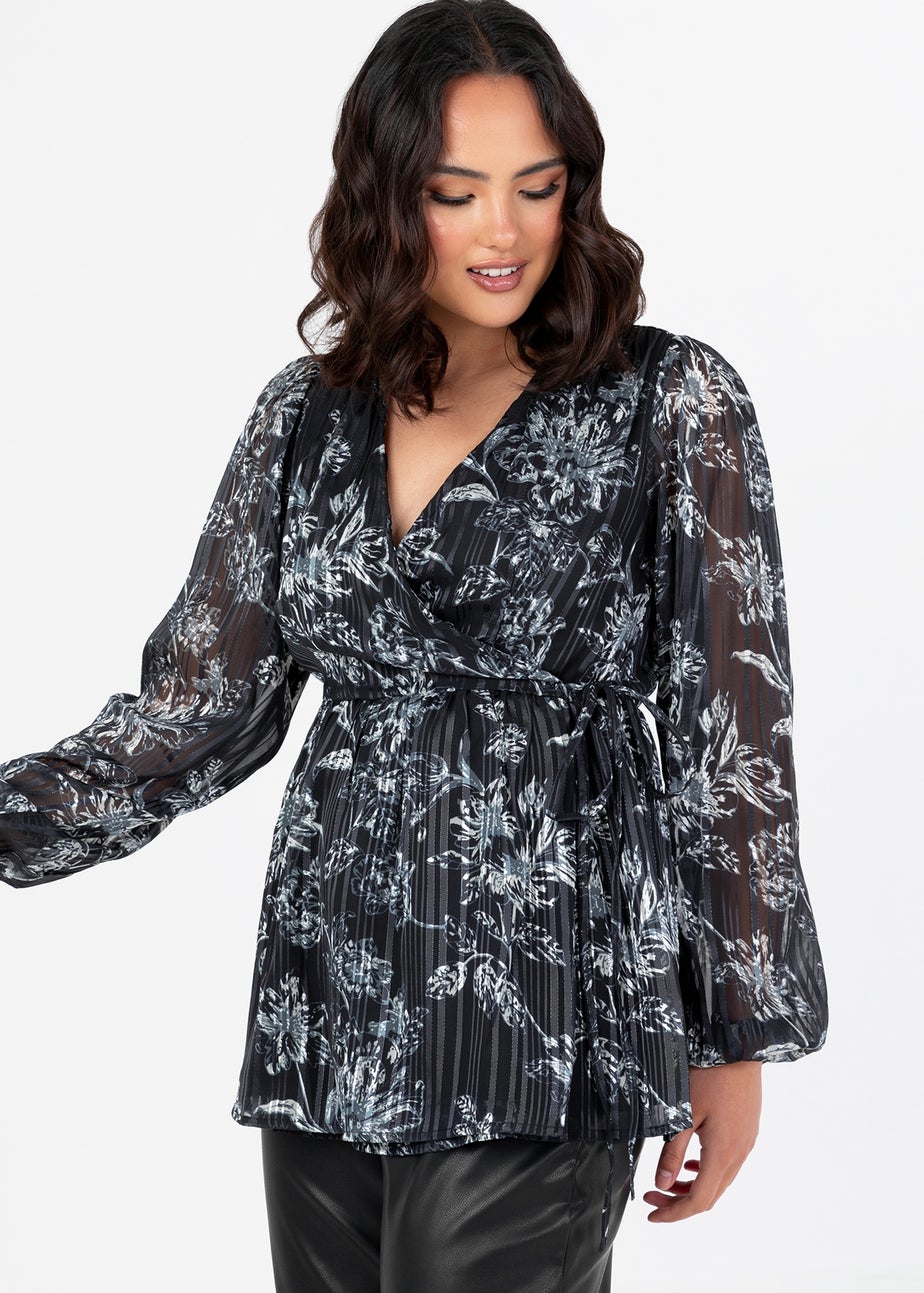 Lovedrobe Black Monochrome Floral Long Sleeve Wrap Top