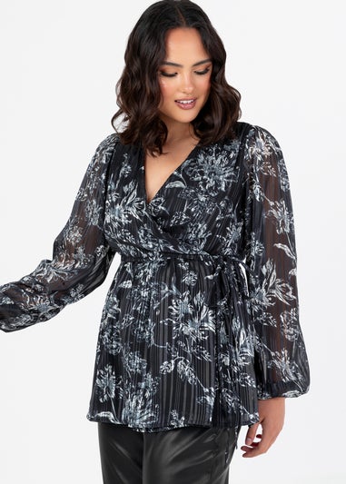 Lovedrobe Black Monochrome Floral Long Sleeve Wrap Top