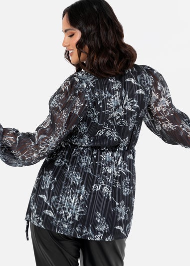 Lovedrobe Black Monochrome Floral Long Sleeve Wrap Top