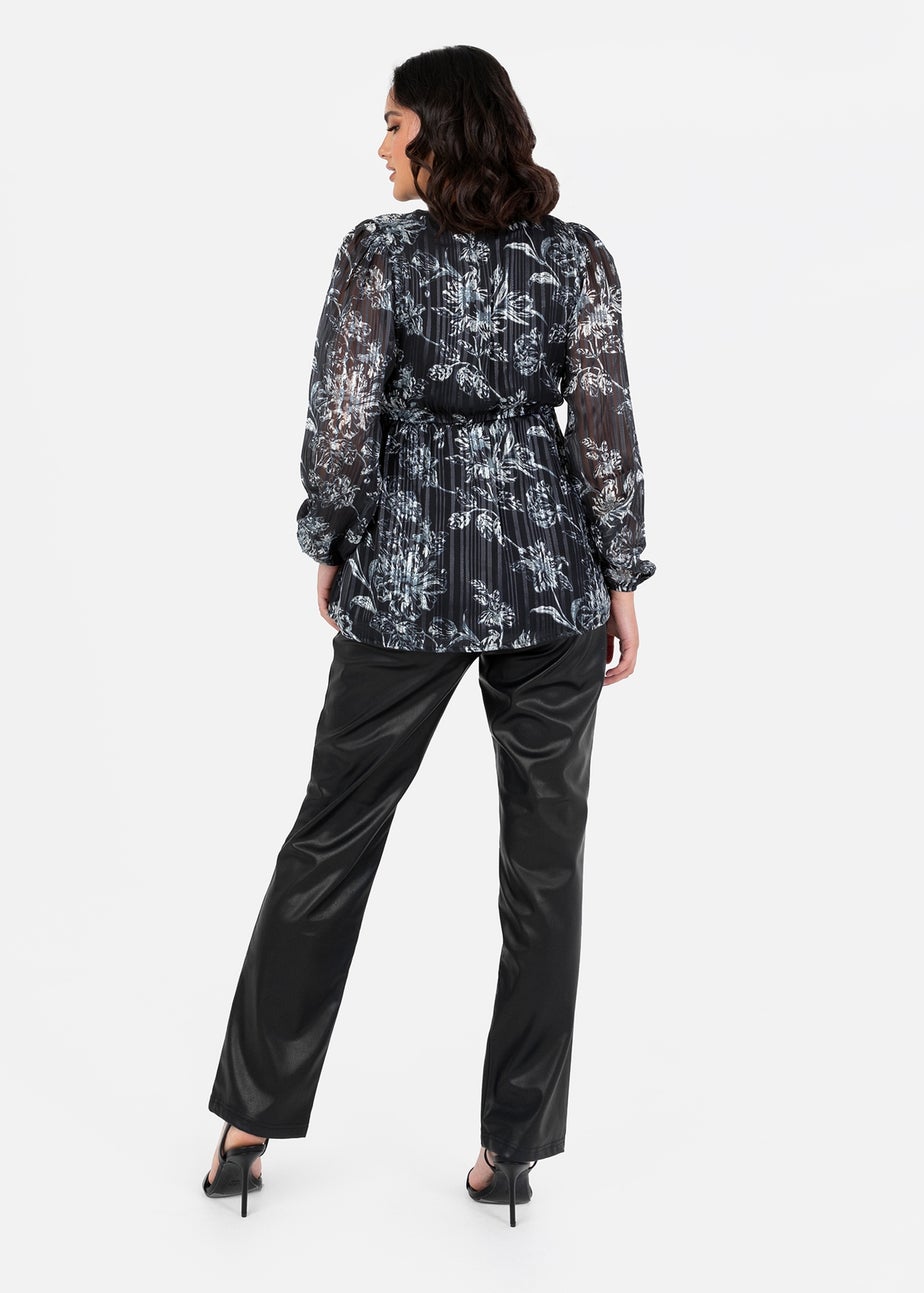 Lovedrobe Black Monochrome Floral Long Sleeve Wrap Top