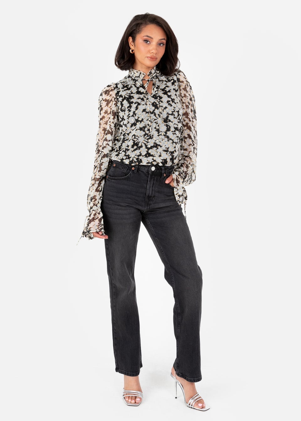 Lovedrobe Multi Coloured Monochrome Tie-Neck Long Sleeve Blouse With Gold Detail