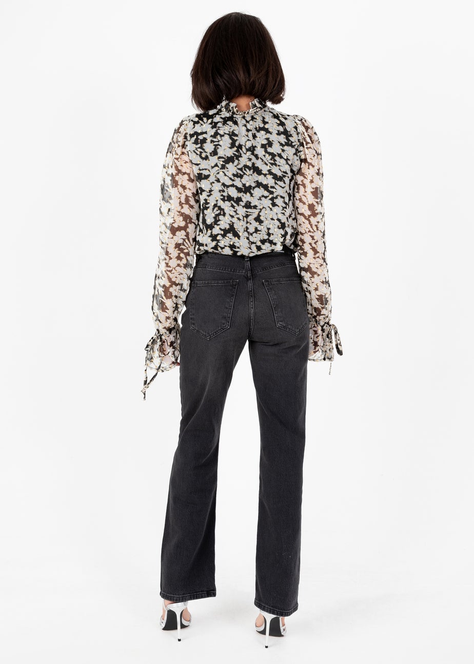 Lovedrobe Multi Coloured Monochrome Tie-Neck Long Sleeve Blouse With Gold Detail