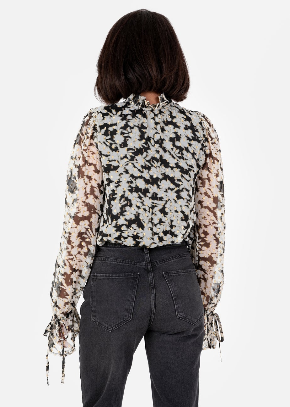 Lovedrobe Multi Coloured Monochrome Tie-Neck Long Sleeve Blouse With Gold Detail