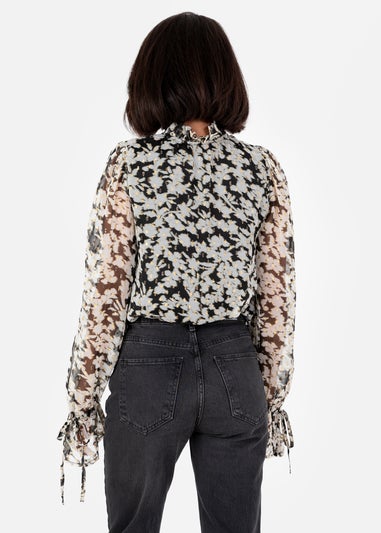 Lovedrobe Multi Coloured Monochrome Tie-Neck Long Sleeve Blouse With Gold Detail