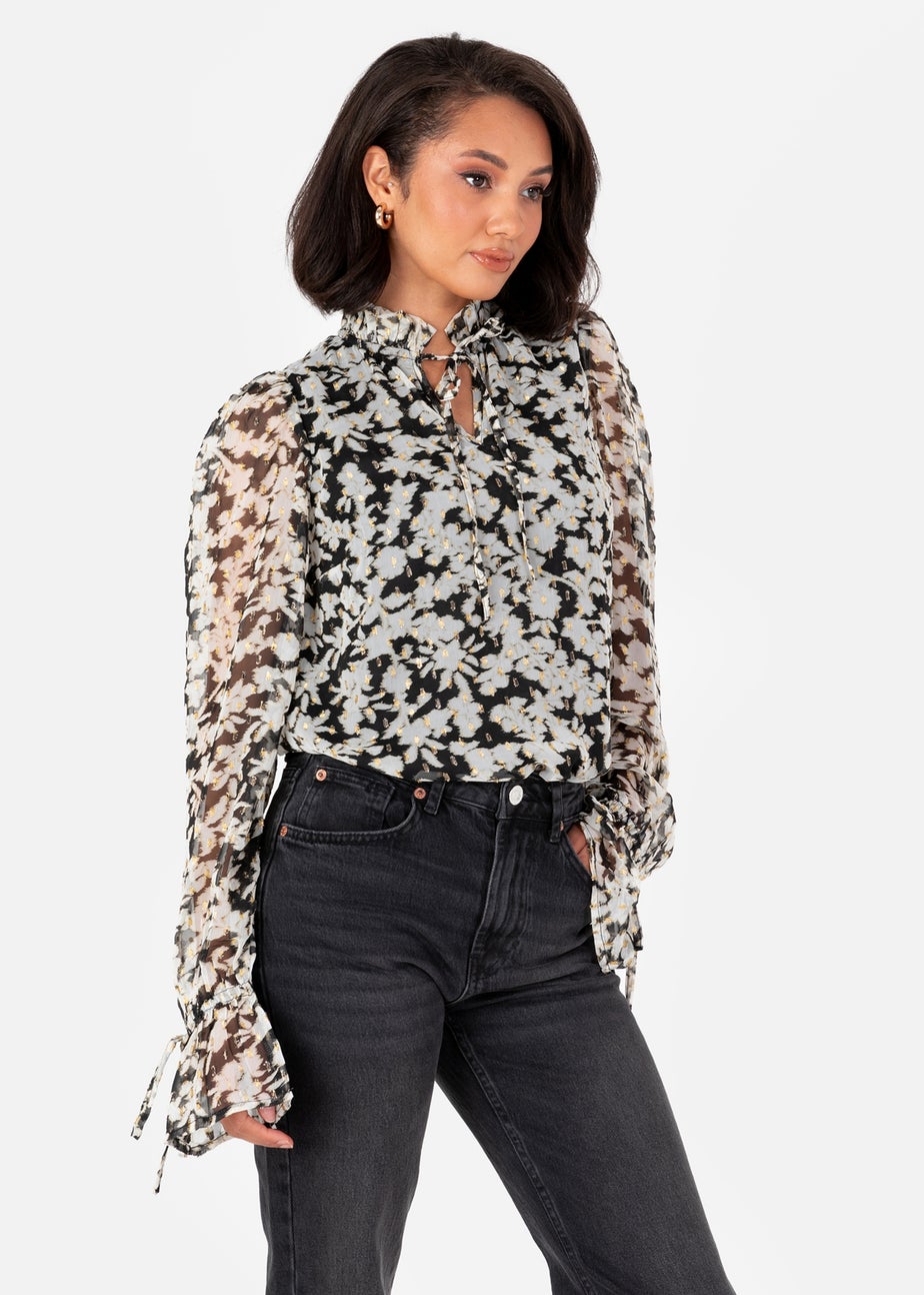 Lovedrobe Multi Coloured Monochrome Tie-Neck Long Sleeve Blouse With Gold Detail