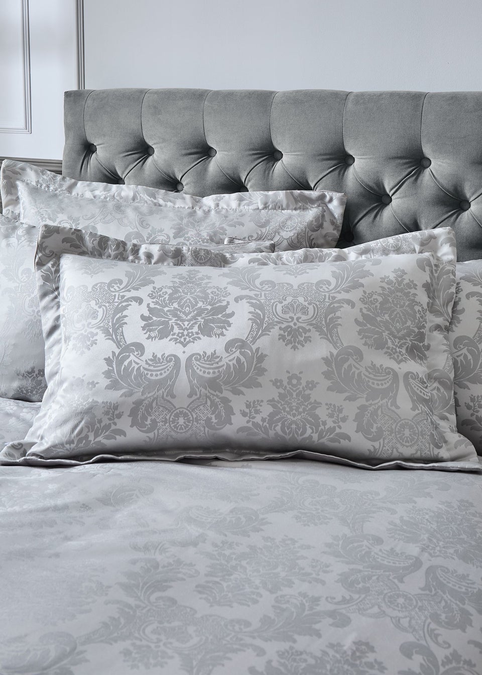 Catherine Lansfield Silver Grey Damask Jacquard Quilted Pillow Sham Pair