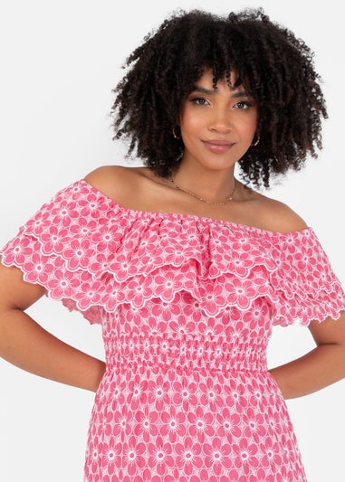 Lovedrobe Floral Embroidery Bardot Neck Pink Midi Dress