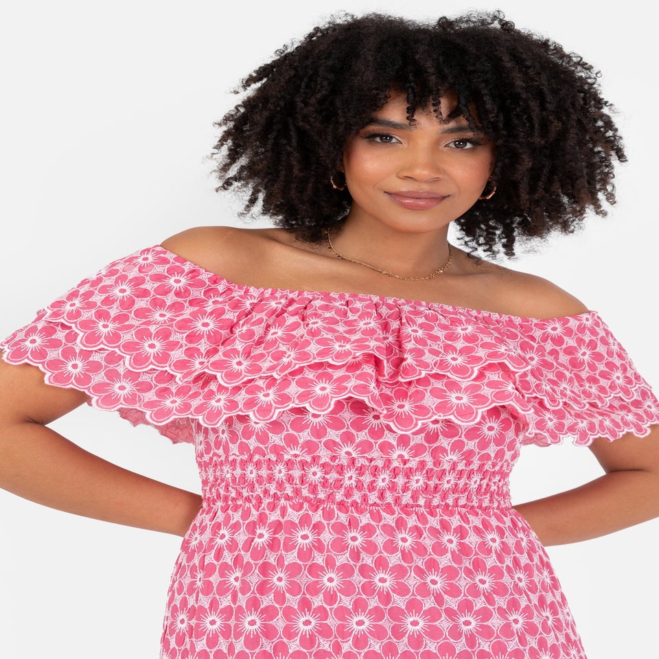 Lovedrobe Floral Embroidery Bardot Neck Pink Midi Dress