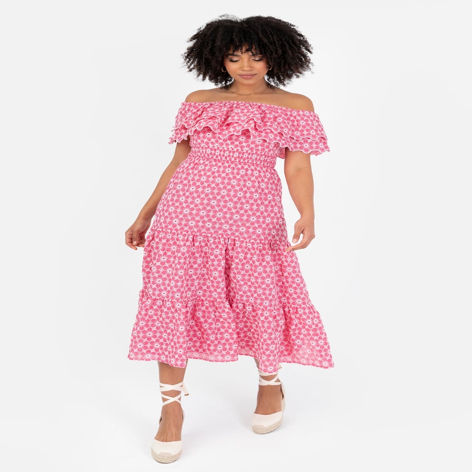 Lovedrobe Floral Embroidery Bardot Neck Pink Midi Dress