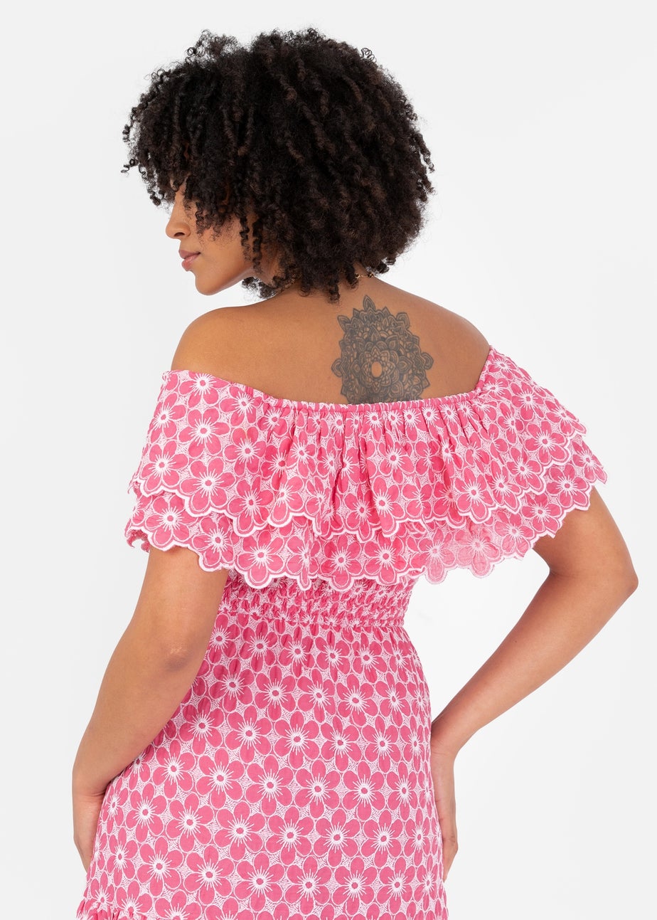 Lovedrobe Floral Embroidery Bardot Neck Pink Midi Dress
