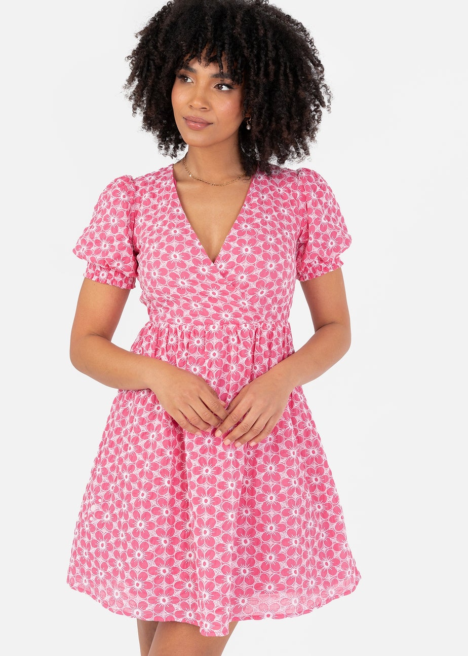 Lovedrobe Pink Floral Embroidered Short Sleeve Faux Wrap Mini Dress
