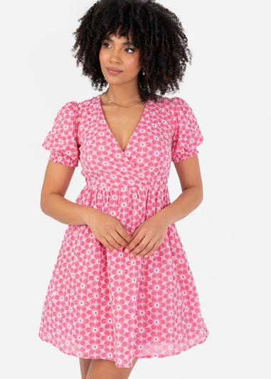 Lovedrobe Pink Floral Embroidered Short Sleeve Faux Wrap Mini Dress