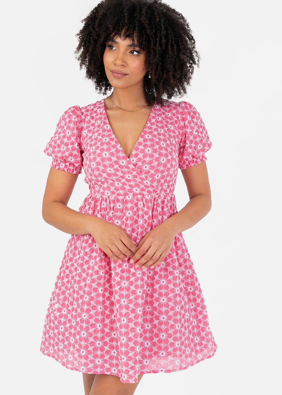 Lovedrobe Pink Floral Embroidered Short Sleeve Faux Wrap Mini Dress