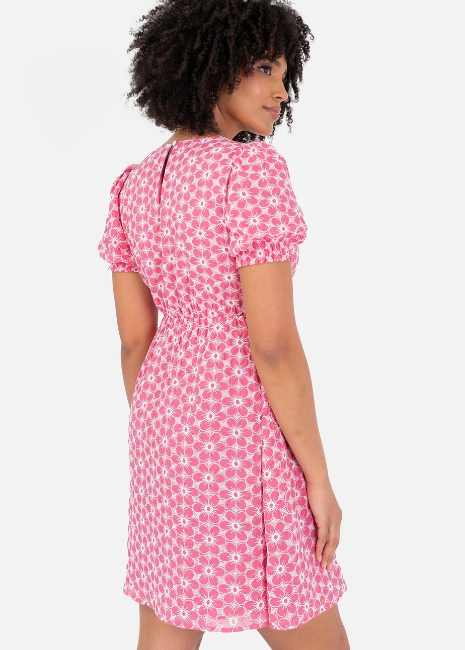 Lovedrobe Pink Floral Embroidered Short Sleeve Faux Wrap Mini Dress