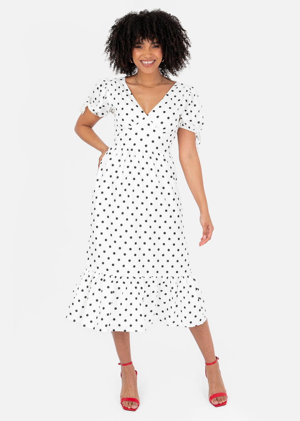 Lovedrobe White Polka Dot Short Sleeve Midi Dress