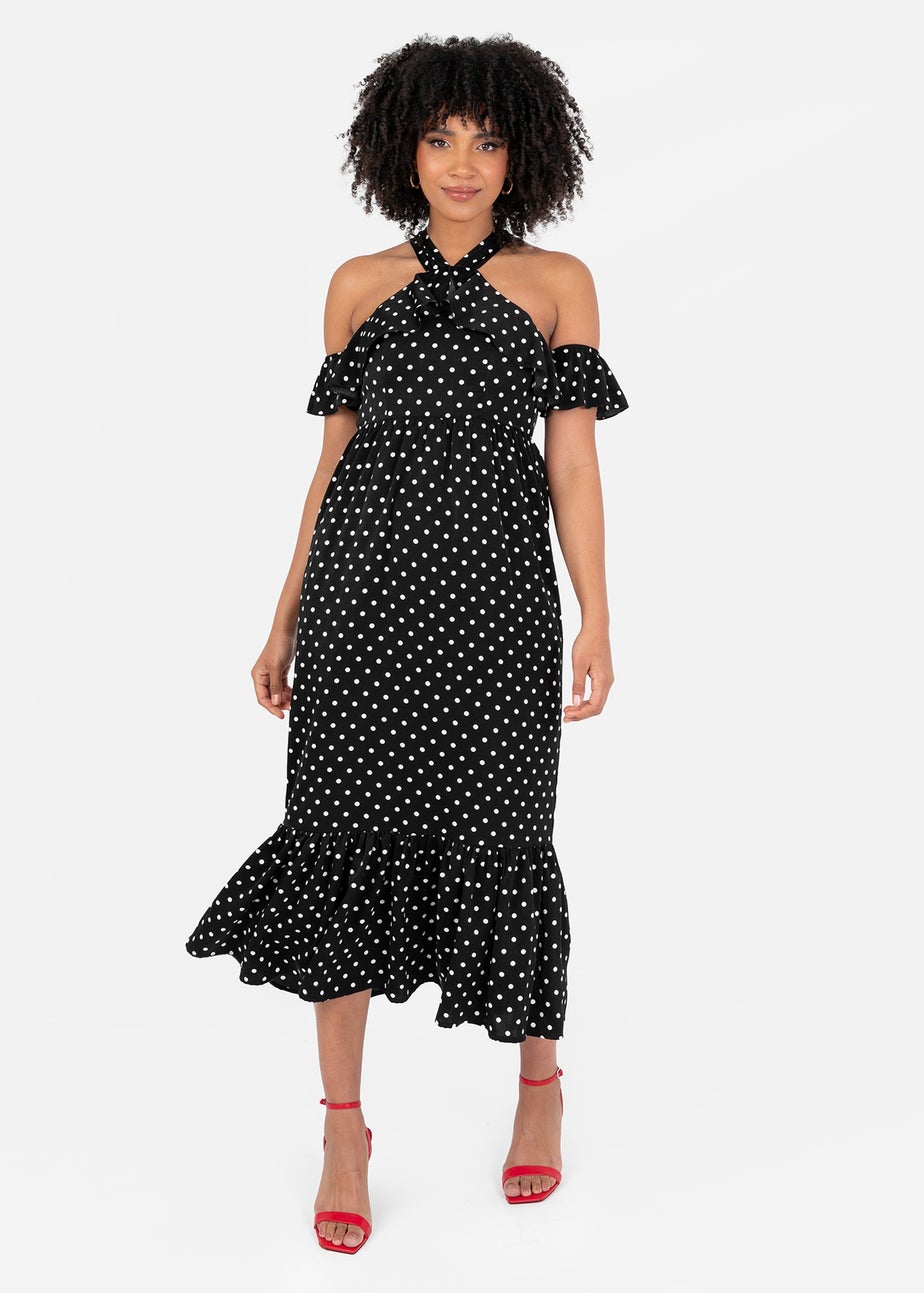 Lovedrobe Black Polka Dot Could Shoulder Halter Neck Midaxi Dress