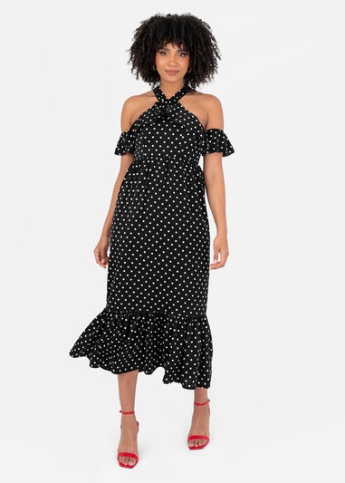 Lovedrobe Black Polka Dot Could Shoulder Halter Neck Midaxi Dress