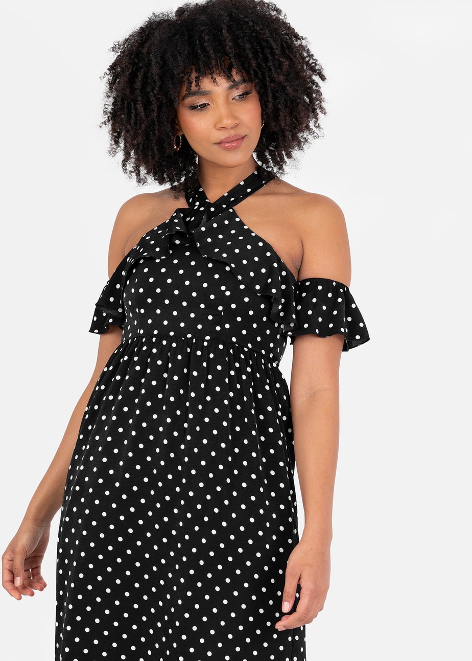 Lovedrobe Black Polka Dot Could Shoulder Halter Neck Midaxi Dress
