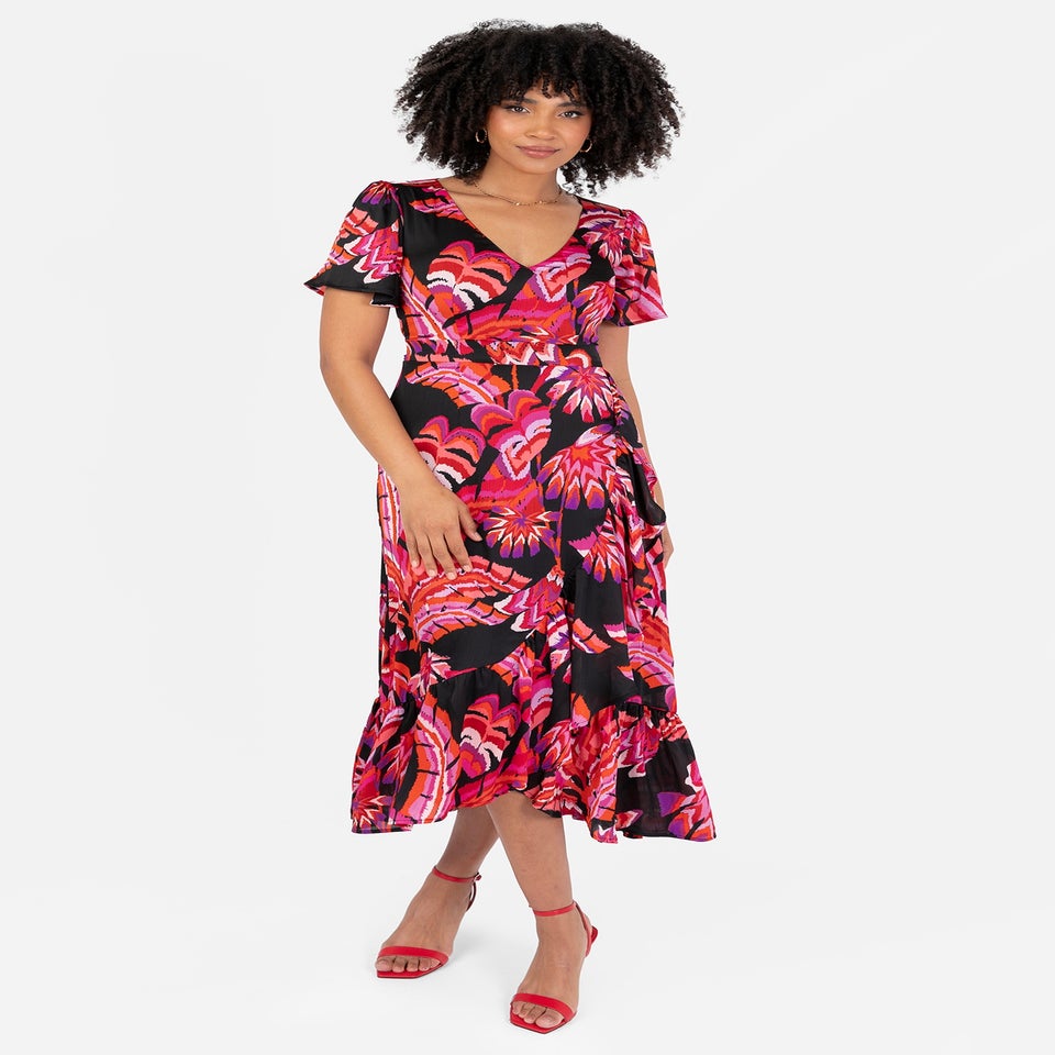 Lovedrobe Floral Angel Sleeve Waterfall Ruffle Midaxi Dress