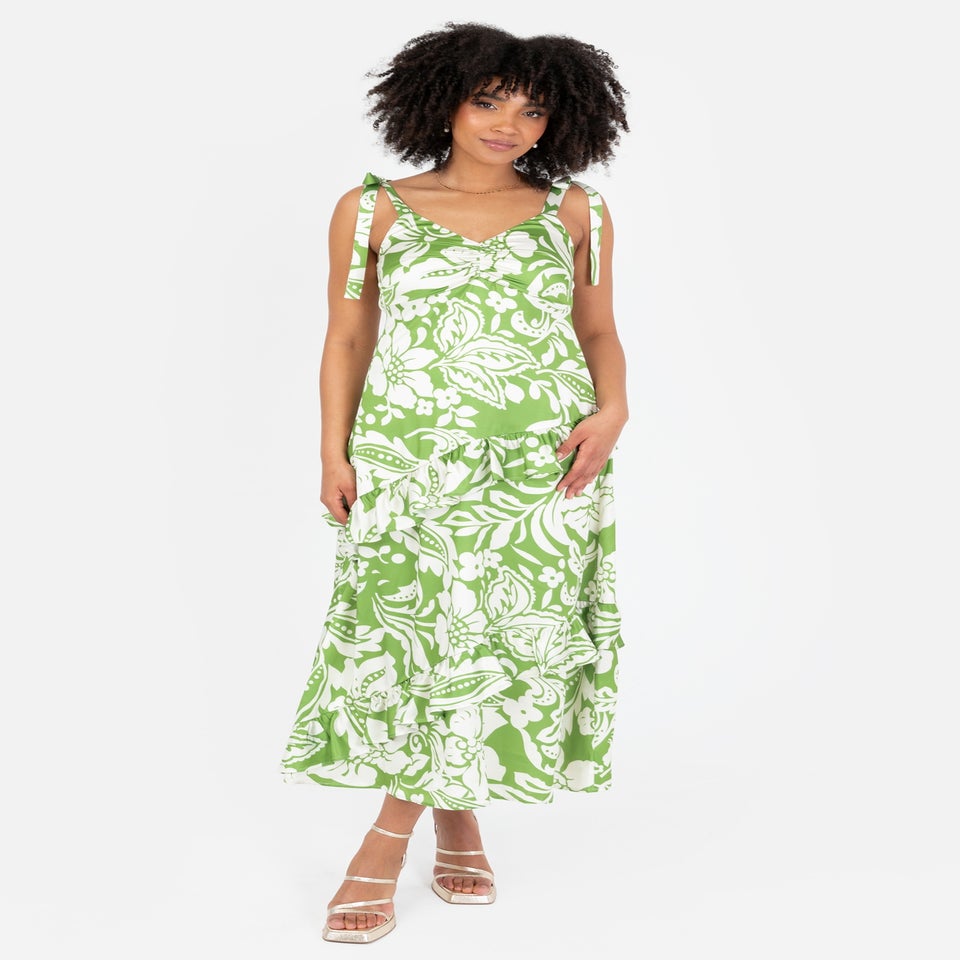 Lovedrobe Floral Tie Shoulder & Ruffle Detail Midaxi Dress