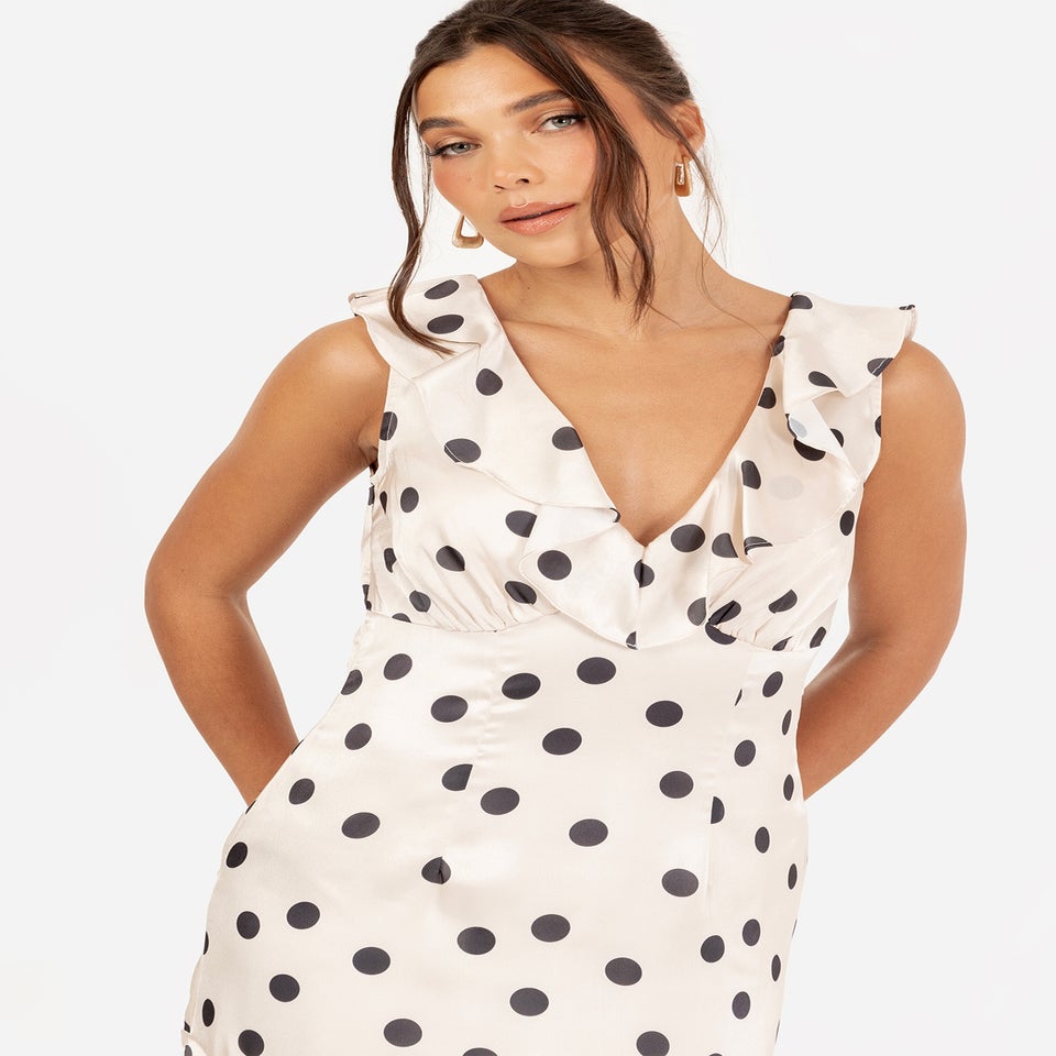 Anaya With Love White Satin Polka Dot Asymmetric Midi Dress