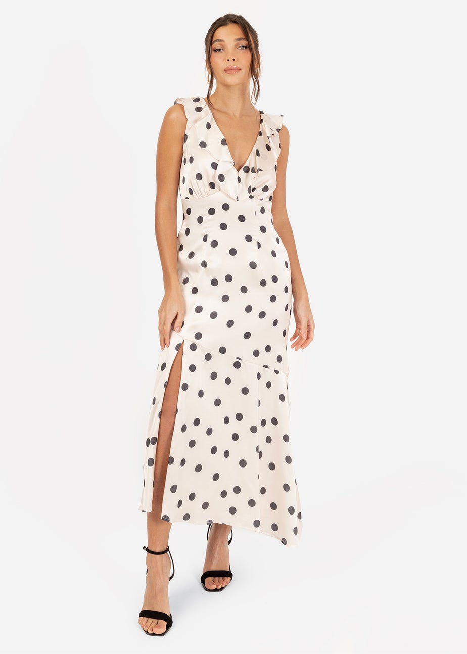 Anaya With Love White Satin Polka Dot Asymmetric Midi Dress