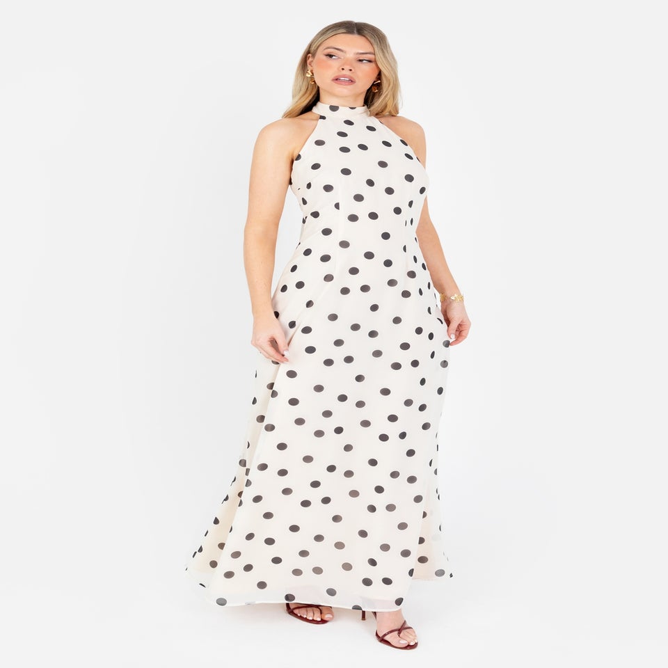 Anaya With Love Cream Polka Dot Halter Neck Maxi Dress