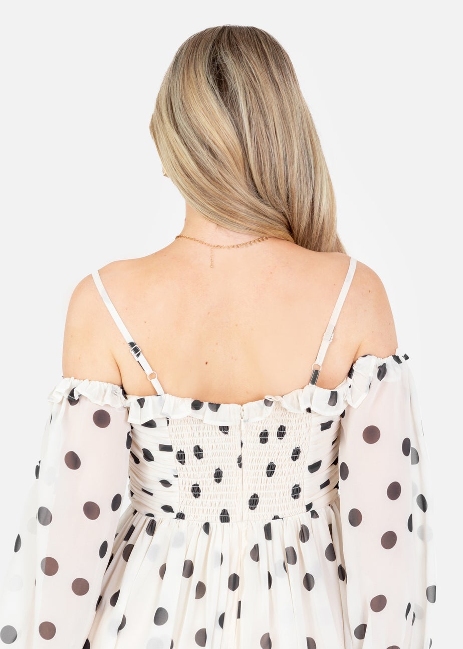 Anaya With Love Cream Polka Dot Bardot Long Sleeve Mini Dress