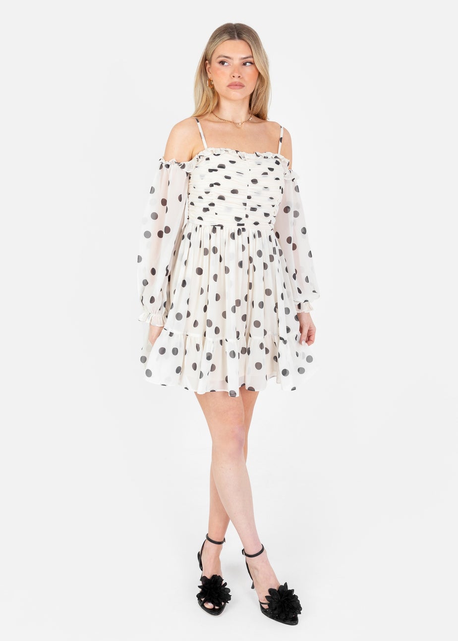 Anaya With Love Cream Polka Dot Bardot Long Sleeve Mini Dress