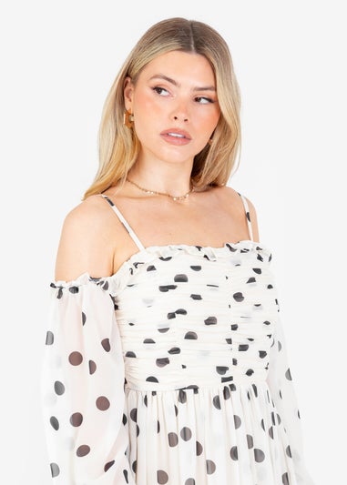 Anaya With Love Cream Polka Dot Bardot Long Sleeve Mini Dress