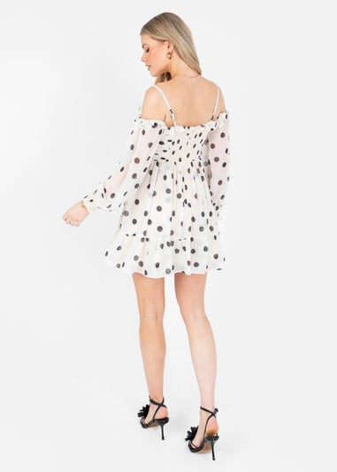 Anaya With Love Cream Polka Dot Bardot Long Sleeve Mini Dress