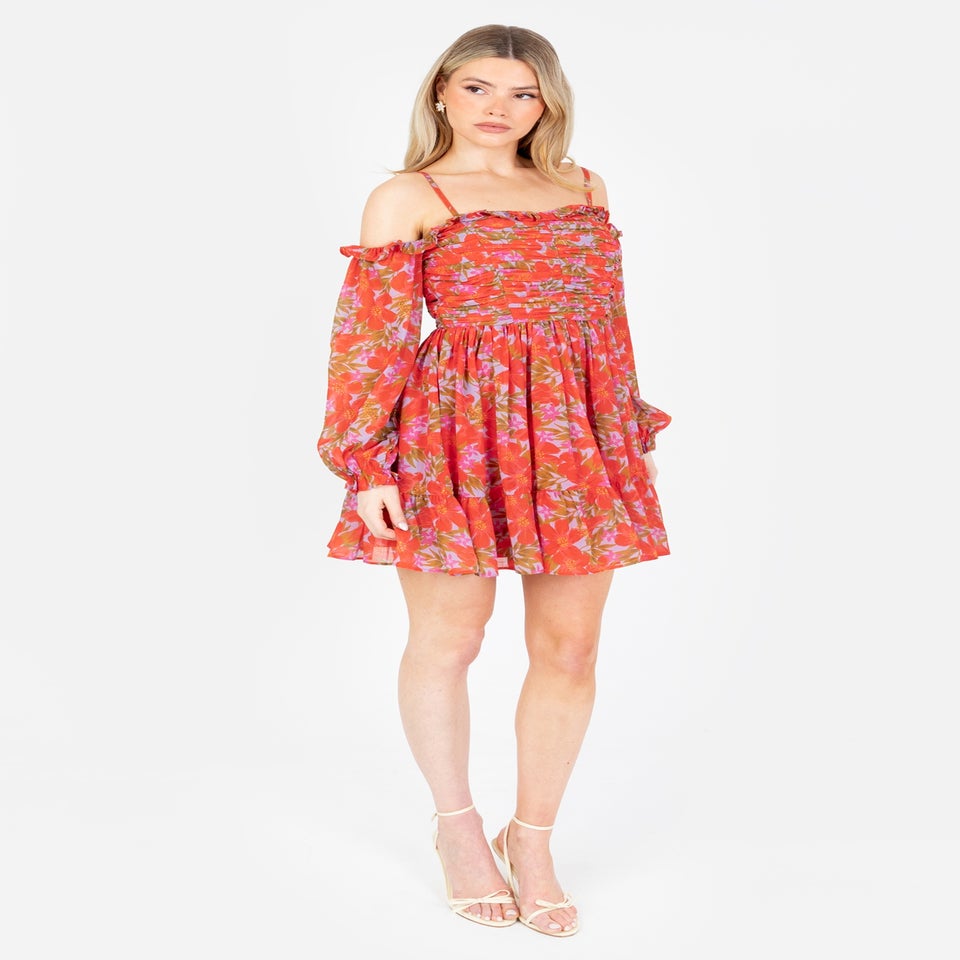 Anaya With Love Multi Coloured Floral Print Bardot Long Sleeve Mini Dress