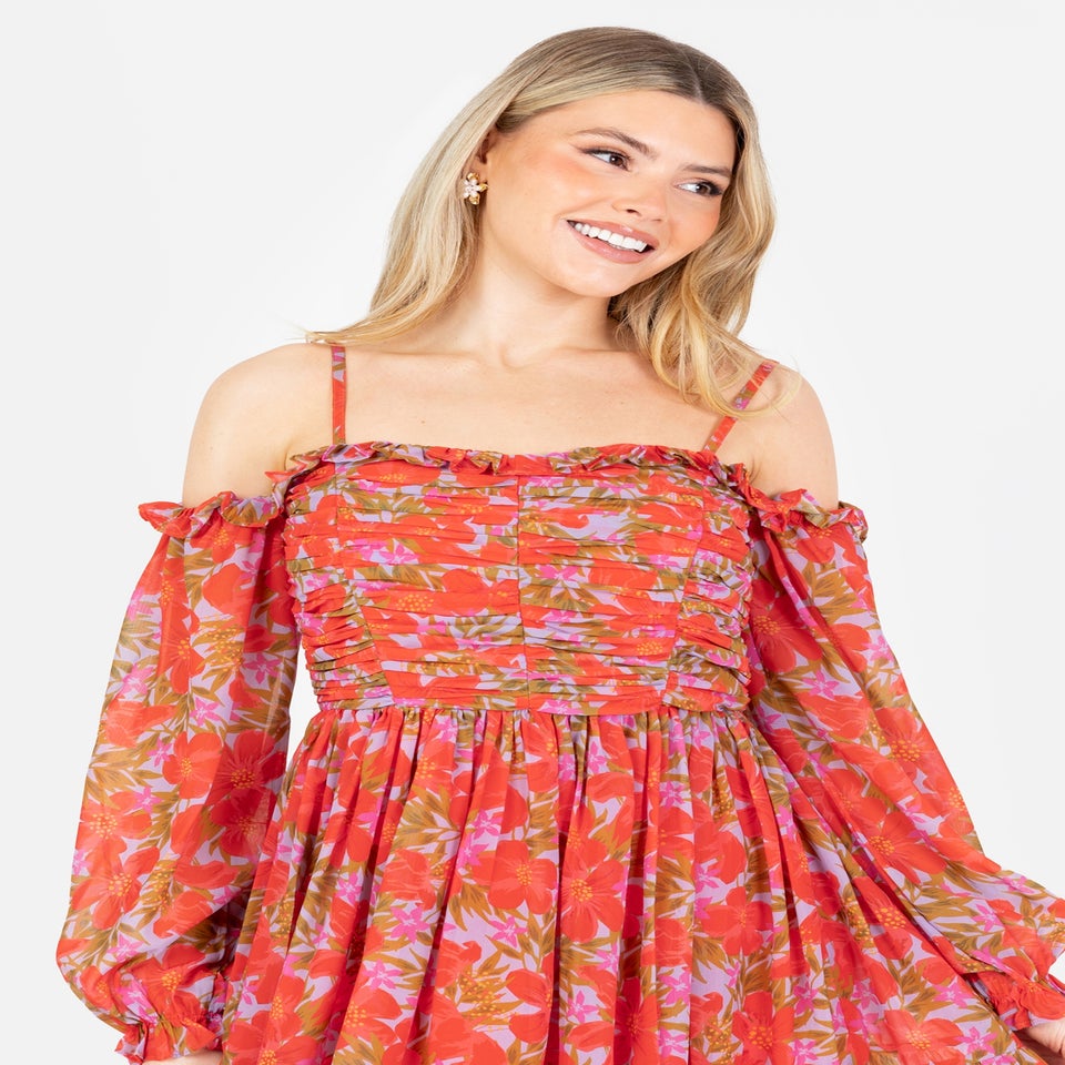 Anaya With Love Multi Coloured Floral Print Bardot Long Sleeve Mini Dress