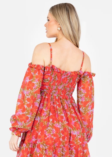 Anaya With Love Multi Coloured Floral Print Bardot Long Sleeve Mini Dress