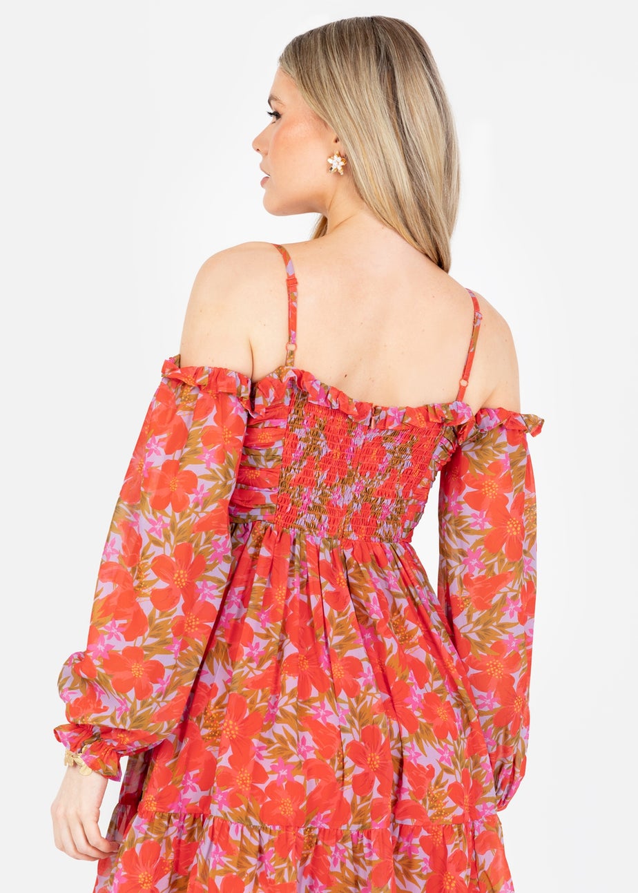 Anaya With Love Multi Coloured Floral Print Bardot Long Sleeve Mini Dress